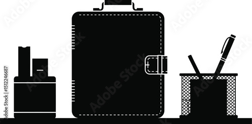 A black and white illustration of a desk with a planner a pen holder and other office supplies on it