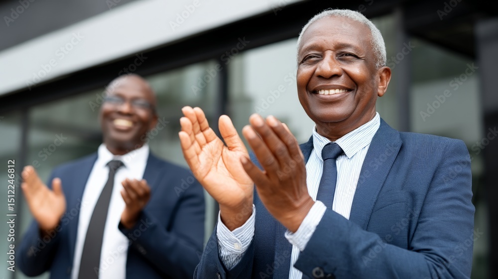 Two smiling businessmen clapping outdoors in a professional setting Two smiling businessmen clapping outdoors in a professional setting