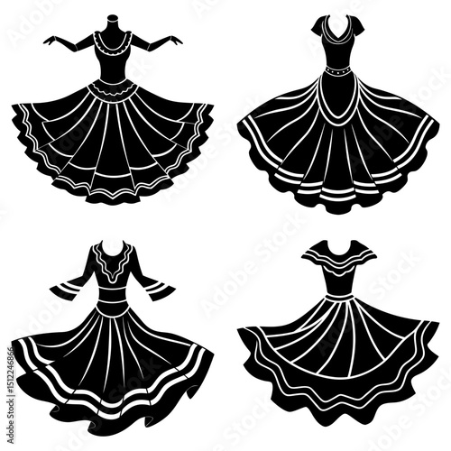 Four stylized black dresses with varying necklines and skirt designs in a vector illustration style