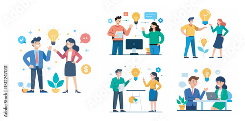 Two people sharing idea with lightbulb bundle vector illustration on white background