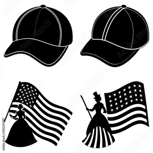 Illustration of two baseball caps and two women holding american flags in black and white style