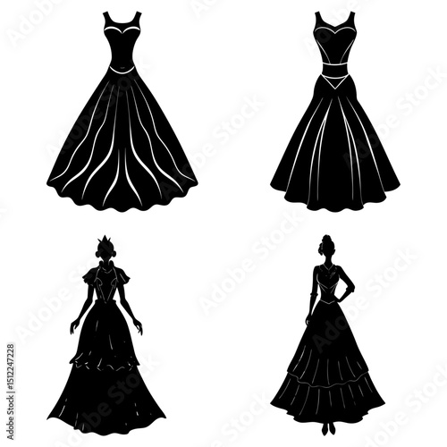 Four silhouette illustrations of elegant gowns with varying styles and details on a white background.