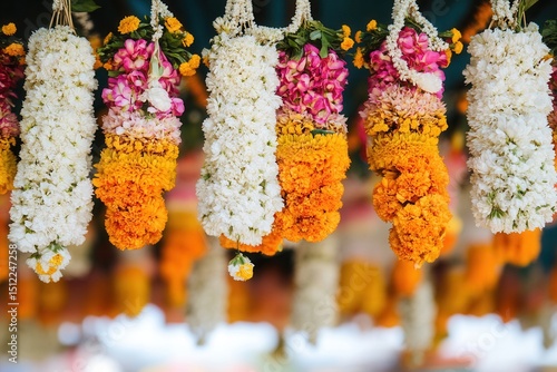 Colorful flower garlands in honor of Indian festival for offering or decoration of temple with deity Saraswati, Lakshmi, Krishna or Shiva	