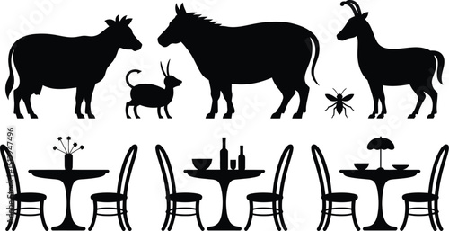 Black silhouettes of animals and tables with chairs on a white background in a vector format