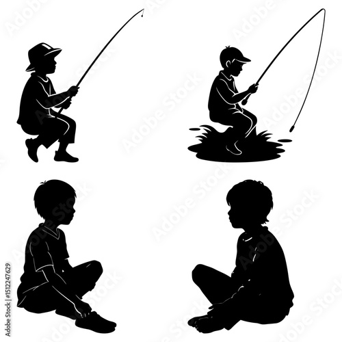 Silhouetted boys fishing and sitting in varied poses against a white background in a vector illustration
