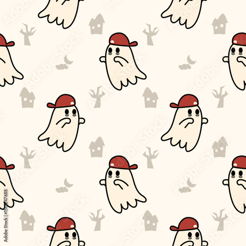 Ghost and red hat cartoon so cute. On house tree moon cloud background. Pattern seamless vector illustration. 