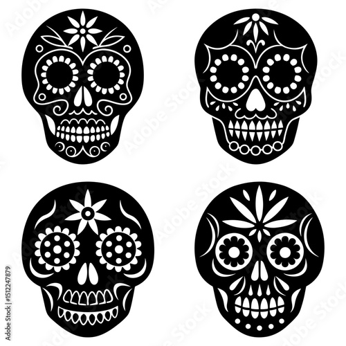 Four black and white sugar skull designs with floral and circular patterns for day of the dead celebration