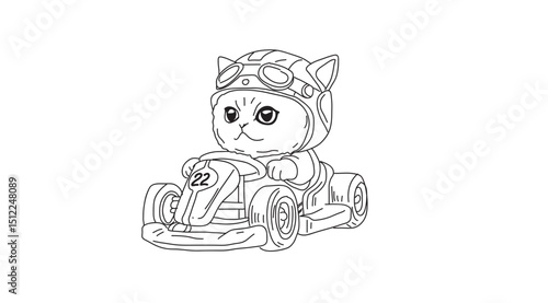 Outline Cute Cartoon Kitten Driving Go Kart Racing Sport Illustration