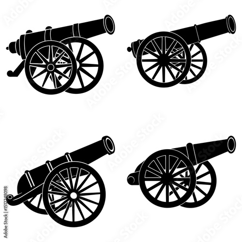 Four black cannon illustrations with spoked wheels on a white background in a repeating pattern design
