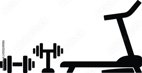 A silhouette of a treadmill and two dumbbells on a white background fitness equipment illustration