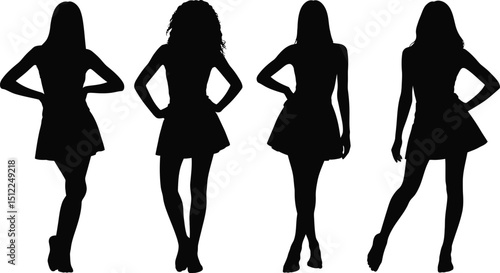 Four women silhouettes in short dresses posing with hands on hips against a white background