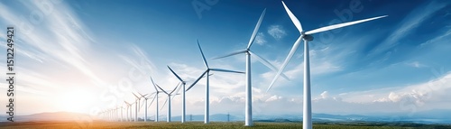 Row of wind turbines on a green field with a bright blue sky, capturing sustainable energy from the wind at sunrise.