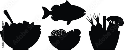 Black silhouettes of food including a bowl with spoon, fish, salad, and vegetables in a basket image