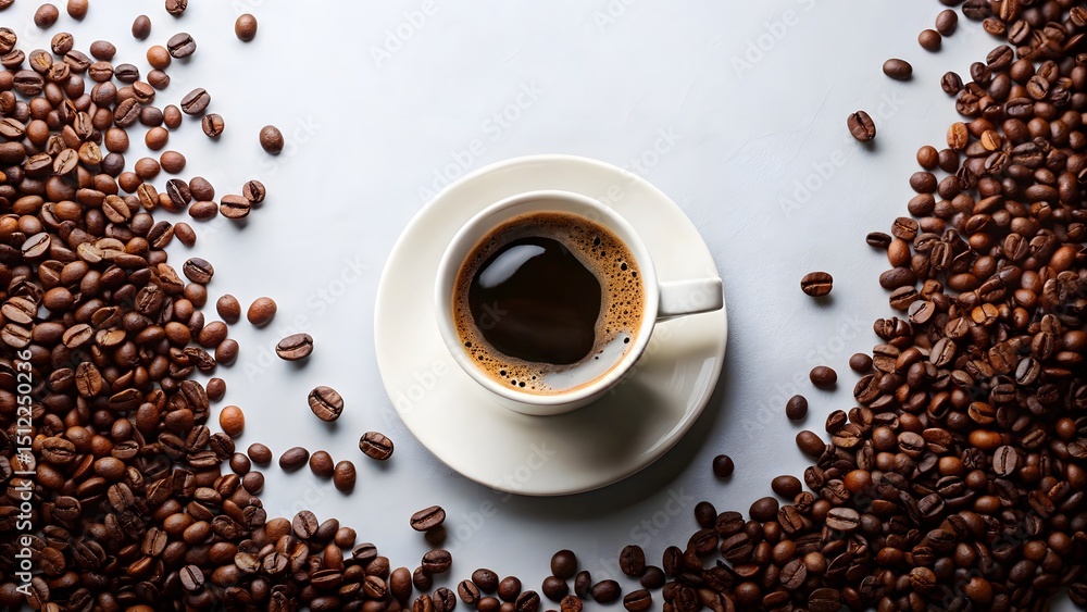 Naklejka premium Aromatic coffee cup surrounded by roasted beans