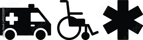 Illustration showing ambulance, wheelchair and star of life symbol in black on a white background