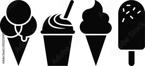 A collection of ice cream treats in black silhouette including cones cups and a popsicle on a white background
