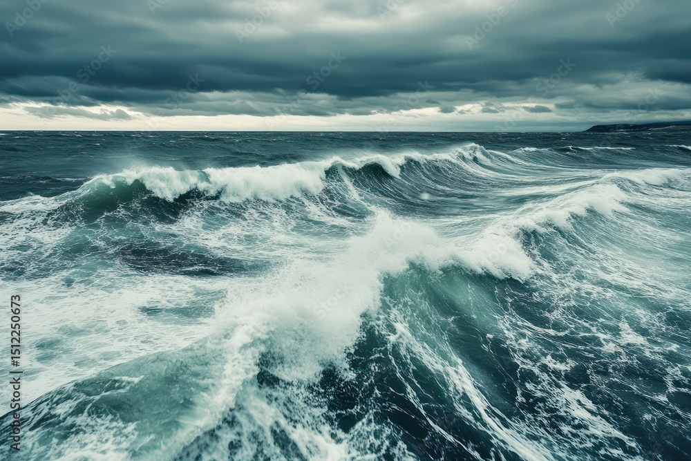 Fototapeta premium Stormy northern sea waves crashing under dramatic sky
