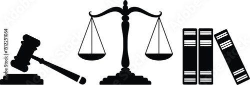 A graphic representation of justice with a gavel, scales, and books in black and white on a white background