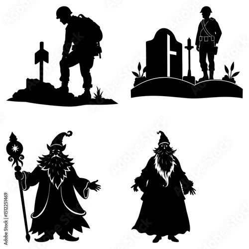 Silhouettes of soldiers at memorials and wizards with beards and hats in black and white style