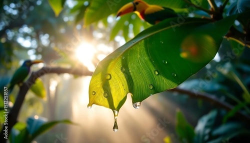 A beautiful early morning tropical scene featuring a fresh green leaf with visible dewdrops and a glowing sunburst in the background.