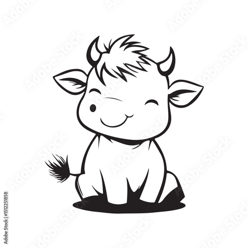 Cute cartoon cow smiling sweetly. Adorable farm animal character vector illustration. Suitable for children's content, educational materials, and merchandise design.