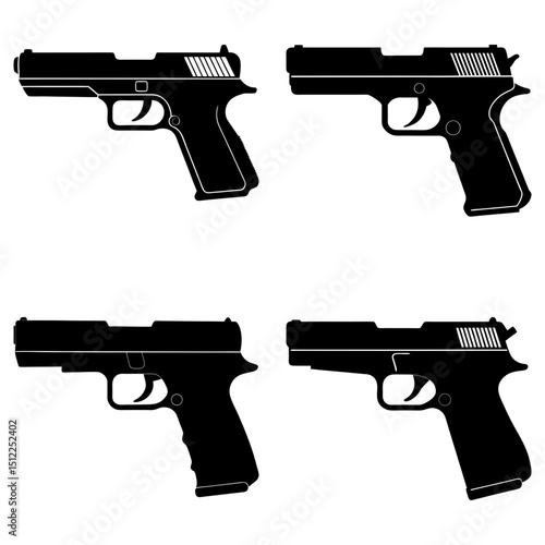 Four black silhouette handgun illustrations arranged in a square formation on a white plain background