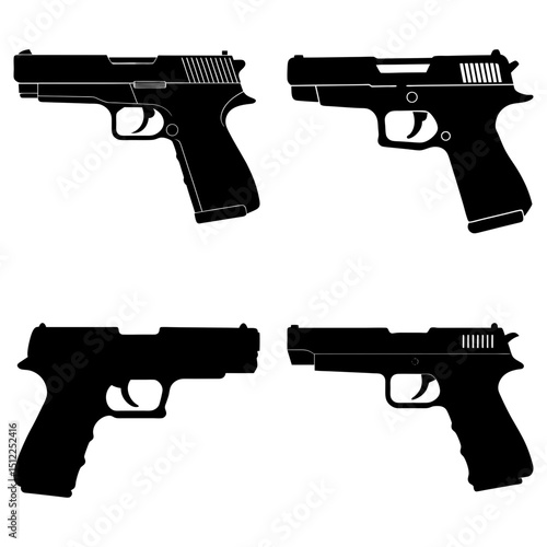 Silhouette illustration showcasing four distinct handgun designs arranged on a white background
