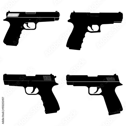 Four black pistol silhouettes arranged in a square formation on a white background display firearms