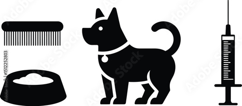 A black silhouette of a dog with a bowl, brush, and syringe on a white background in a flat design