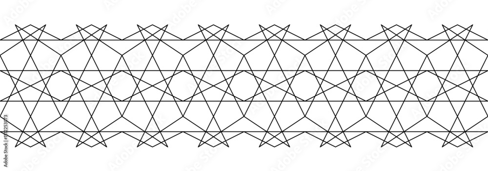 Fototapeta premium Monochrome black ornate grid on white background. Geometric complex seamless border. Vector ornament of broken lines. Delicate linear pattern for your design projects.