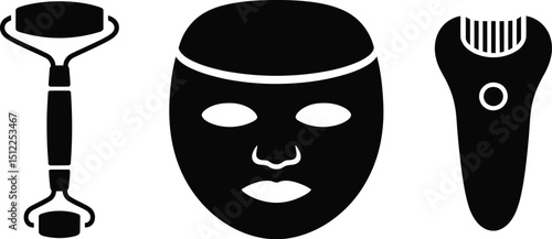 A black and white image displaying a face roller a face mask and an epilator on a plain white background