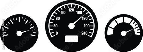 Three black and white speedometers showing different measurements on a white isolated background view