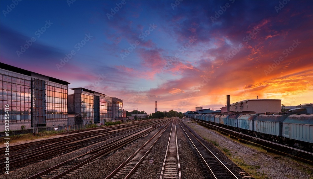 Fototapeta premium train tracks disappearing toward industrial buildings under colorful sky at dusk