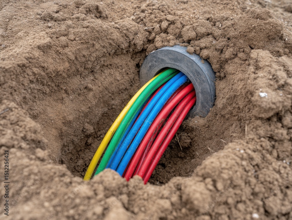 Colorful electrical cables emerging from a conduit buried in the dirt, ensuring underground power distribution. Colorful electrical cables emerging from a conduit buried in the dirt, ensuring underground power distribution.