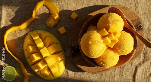 Mango sorbet with fresh mango cubes on a wooden bowl