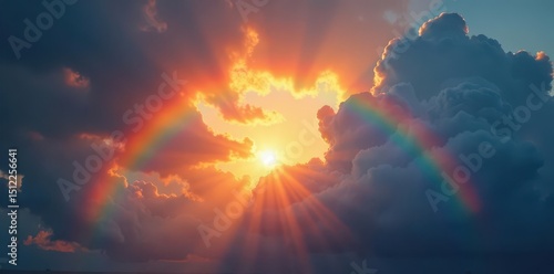 Sunlit rainbow with dramatic lighting effects, post-rain clouds , weather, shower, after rain