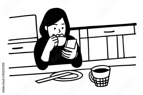 Asian woman eats crackers for breakfast and uses her mobile phone to check the morning news before going to work, Working people's urgent food, Urgent activity after waking up
