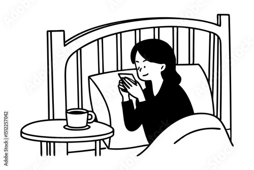 Asian woman eats crackers for breakfast and uses her mobile phone to check the morning news before going to work, Working people's urgent food, Urgent activity after waking up