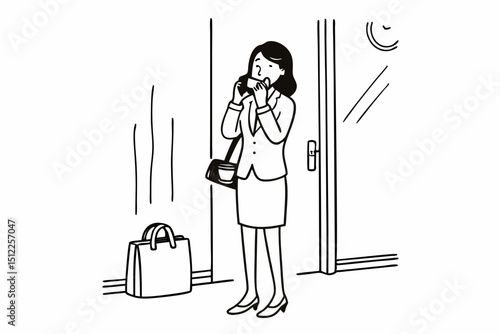 Asian woman eats crackers for breakfast and uses her mobile phone to check the morning news before going to work, Working people's urgent food, Urgent activity after waking up