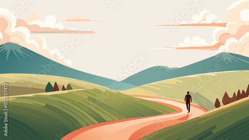 Man walking on rural pathway in stylized hilly vector background with calm colors and minimal flat vector