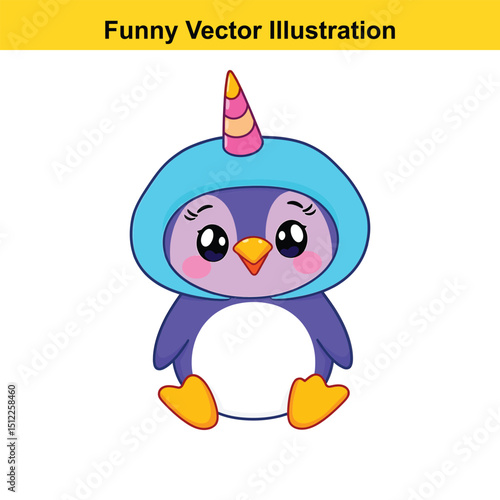Cute Penguin Cartoon Character Wearing a Unicorn Costume with a Hood