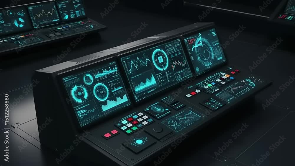 Futuristic control room with interactive displays showing data analytics and graphs in a dark setting Futuristic control room with interactive displays showing data analytics and graphs in a dark setting