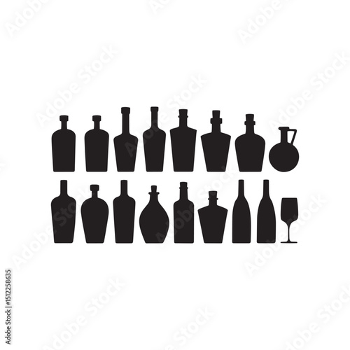 Collection of bottle silhouettes isolated on white background. Silhouette of Liquor Bottles on Bar Shelves – Vector Illustration of Alcohol Bottles, Wine, Spirits, and Glassware in Black Isolated