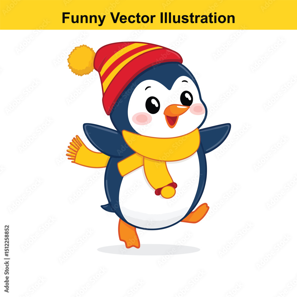 Obraz premium Cute Cartoon Penguin Wearing a Hat and Scarf Ready for Winter