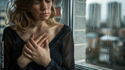 Distressed woman clutching chest with shallow breathing near rain streaked window, anxiety attack, panic disorder, mental health awareness, emotional stress and psychological suffering concept.