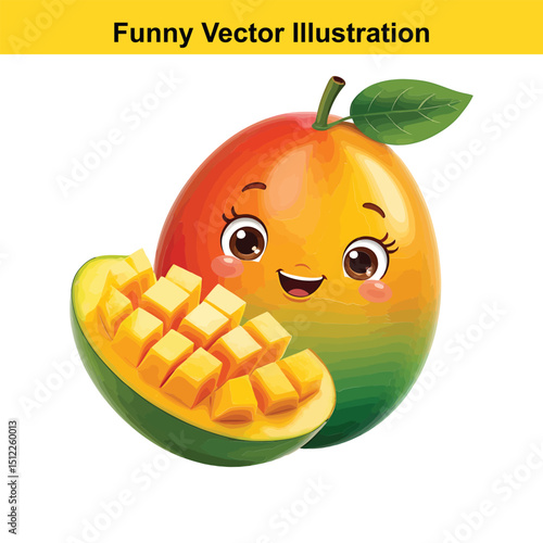 Cute Mango Cartoon Character with Sliced Mango Vector Illustration on White