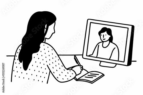 A student woman in sweater watching e-learning to studying lesson online class on tablet and taking notes in notebook while sitting to learning knowledge and education in universit