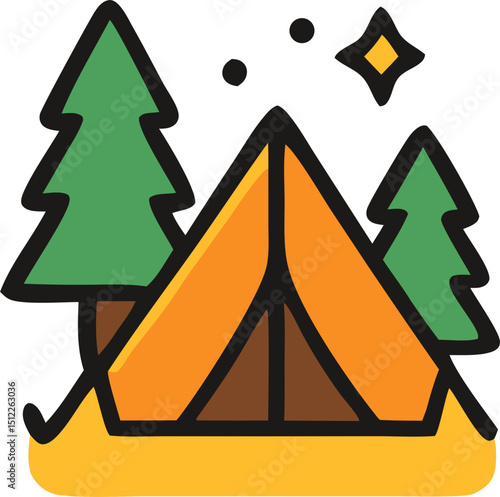 Modern Outline Camp with Trees and Star Simple Line Art Icon