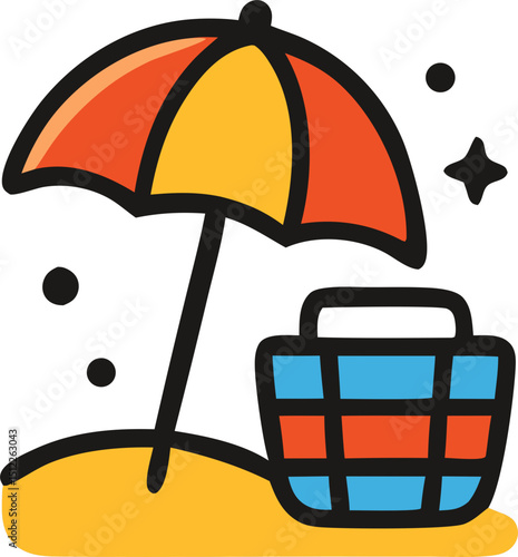Colorful Outline Beach Scene with Umbrella, Basket and Sparkling Stars Illustration