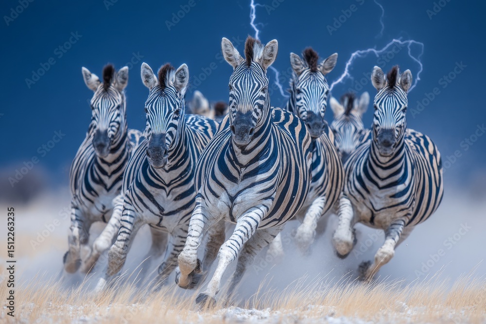 Fototapeta premium In Namibia's Etosha Pan, a zebra is set against the backdrop of a stormy evening sunset, highlighting the region's unique wildlife and nature during the dry season